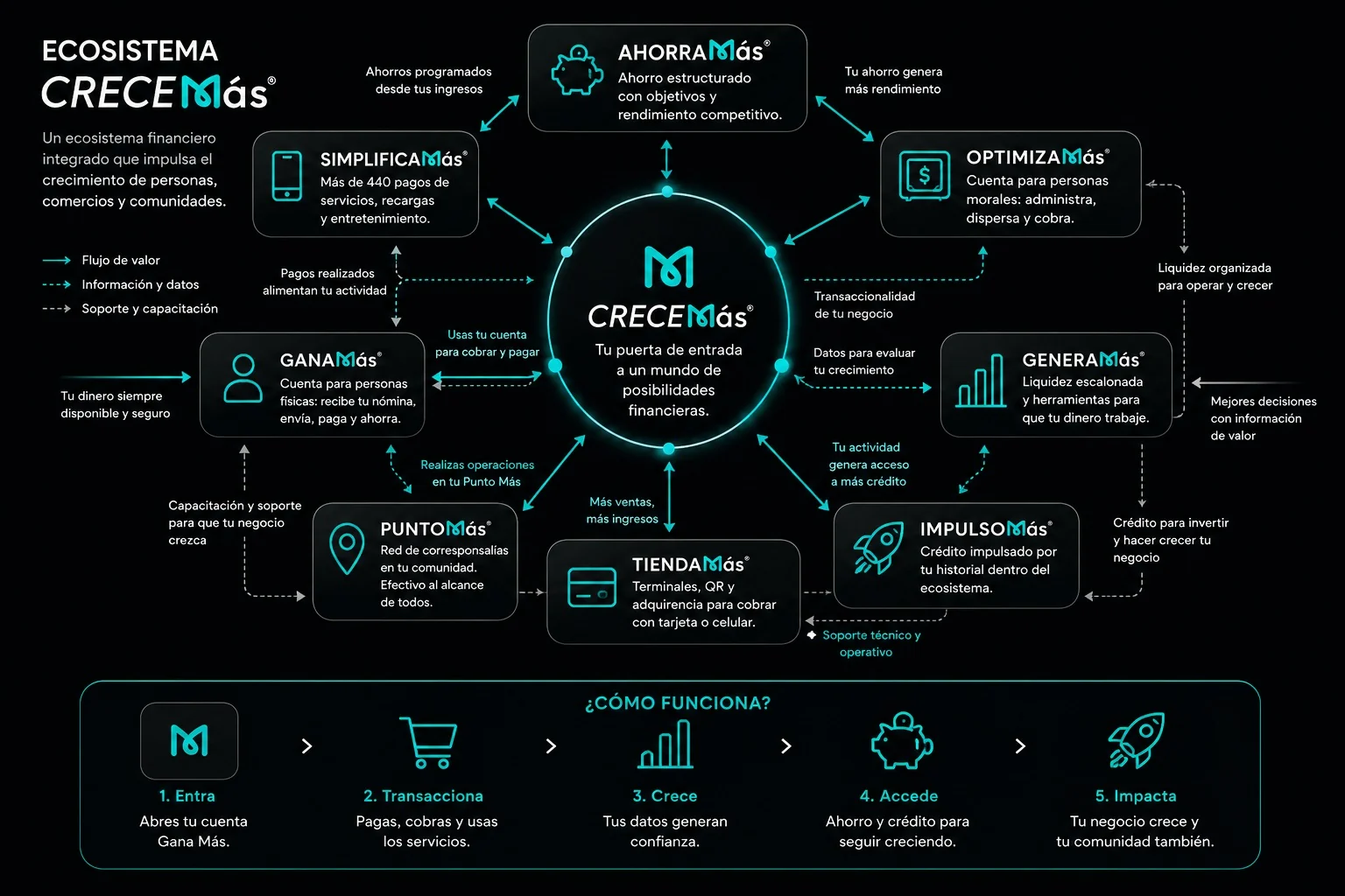 Ecosistema Crece Más: Gana Más, Ahorra Más, Optimiza Más, Genera Más, Impulso Más, Tienda Más, Punto Más y Simplifica Más conectados alrededor de Crece Más